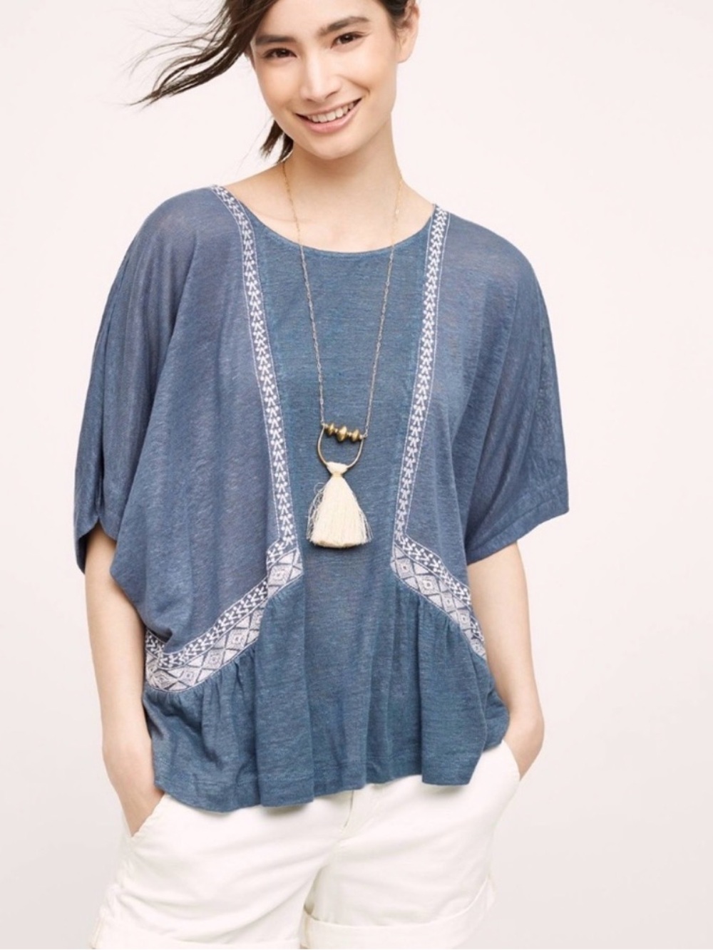 Anthropologie Akemi + Kin Linen Boho Embroidered Top Coastal Airy Flowy Large